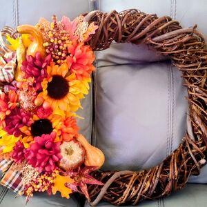 Autumn Harvest Wreath with Sunflowers and Pumpkins